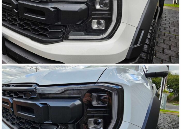 Before and after headlight tint installation on white pickup truck in Craigieburn
