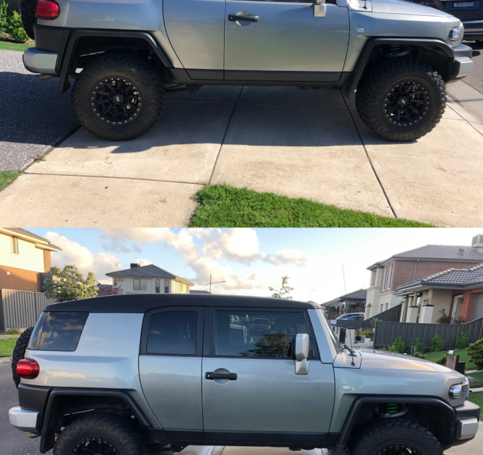 Toyota FJ Cruiser before and after vehicle wrap transformation featuring satin black roof wrap in Northland