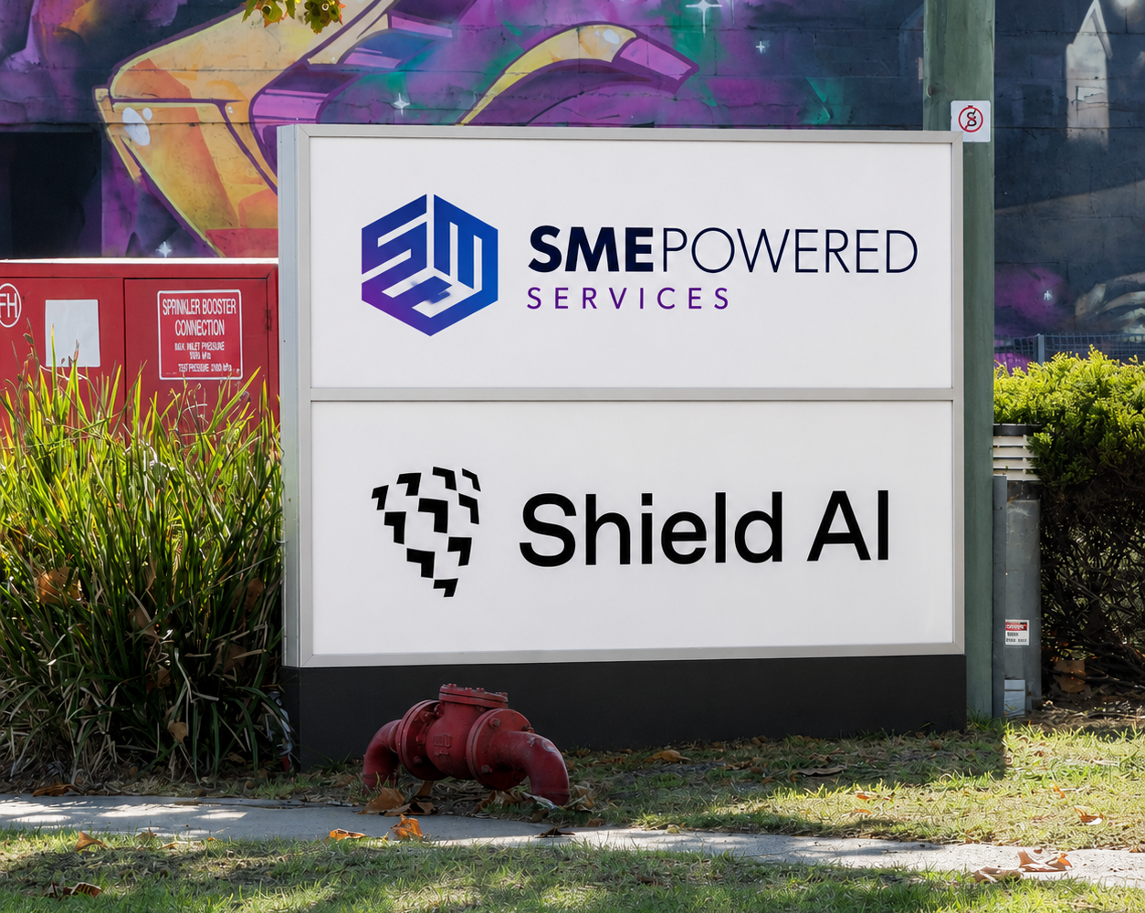 Commercial pylon sign featuring SME Powered Services and Shield AI branding installed at a business park entrance in Melbourne.