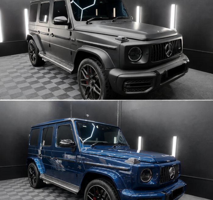 Mercedes G-Class colour change wrap transformation from blue factory paint to matte black vinyl wrap in Melbourne