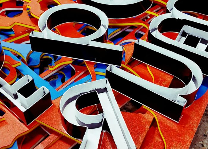 Fabricated 3D channel letters prepared for business signage production, showcasing custom dimensional lettering used for commercial branding and illuminated sign installations.