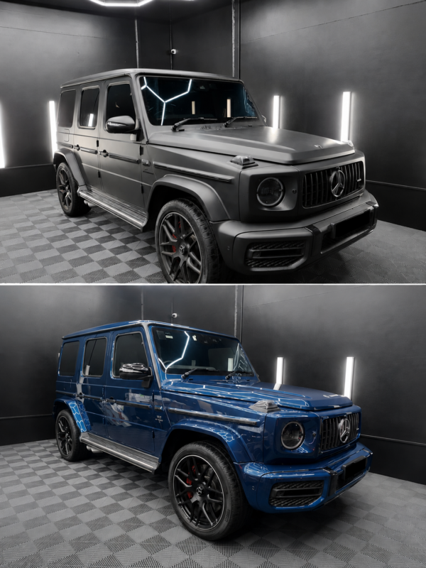 Before and after vehicle wrap transformation on a Mercedes-Benz G-Class SUV, showcasing a colour change wrap from gloss blue to matte black.