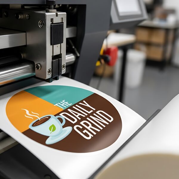 Close up of a printing machine creating sticker with colorful graphic design
